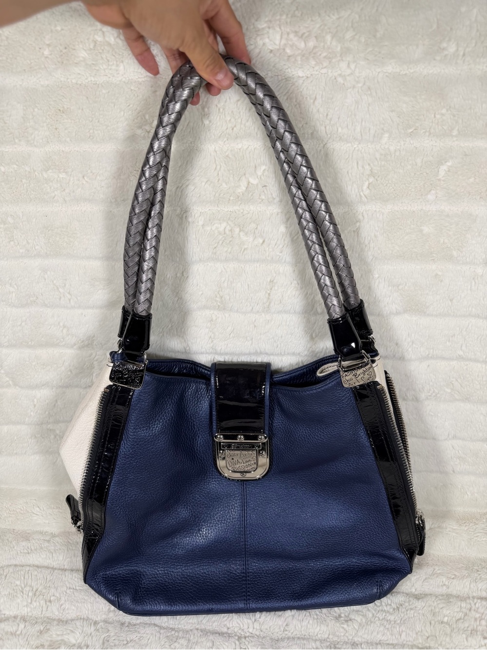 Brighton Dovima Blue Metallic Leather Purse Hobo Shoulder Bag W Black Trim